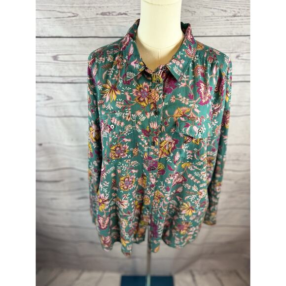 Sundance Floral Joy Button Up Shirt Womens XL Teal Floral Long Sleeve - Picture 2 of 7